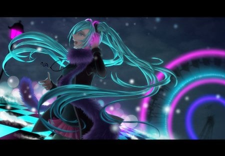 Hatsune Miku - pretty, singing, artistic, snowflakes, stage, realism, snow, real, pink, headphones, nice, program, beauty, virtual, cg, white, scarf, lights, cute, aqua eyes, song, vocaloid, anime, blue, twintail, hatsune miku, microphone, checkered, music, aqua, art, idol, anime girl, skirt, realistic, beautiful, singer, girl, cool, black, glow, necklace, miku, awesome, diva, digital, aqua hair, hatsune, vocaloids, headset