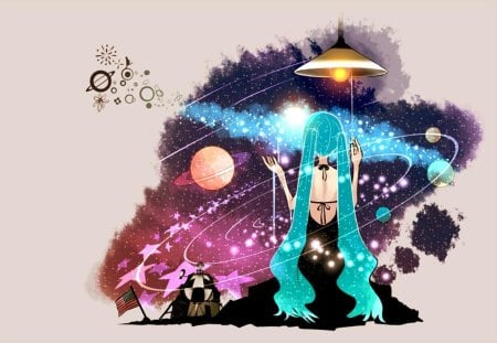 Hatsune Miku - space, virtual, miku, digital, vocaloids, song, singer, solar system, cool, pink, awesome, ufo, vocaloid, yellow, anime, twintail, cg, aqua hair, hatsune, black, cute, beautiful, hot, girl, stars, anime girl, white, light, program, aqua eyes, artistic, pretty, aqua, beauty, dress, art, diva, nice, sexy, planet, idol, music, hatsune miku