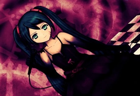 Hatsune Miku - aqua, hot, stage, wings, music, anime girl, white, art, purple, cool, dark, aqua eyes, checkered, artistic, hatsune miku, sexy, light, song, vocaloids, program, glow, vocaloid, beautiful, diva, dress, beauty, nice, twintail, singer, evil, aqua hair, black, virtual, pretty, idol, anime, miku, bat, cute, girl, cg, hatsune, microphone, awesome, digital