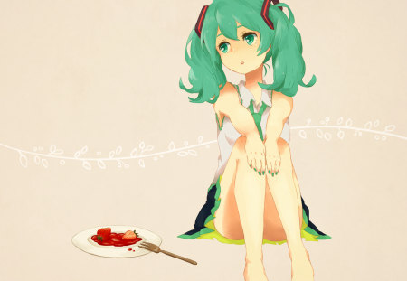 Hatsune Miku - green eyes, long hair, barefoot, food, green hair, dress