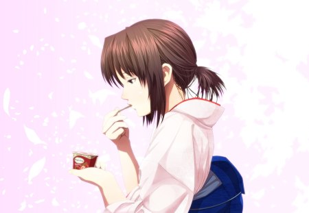 Original - kimono, food, flowers, short hair, brown hair