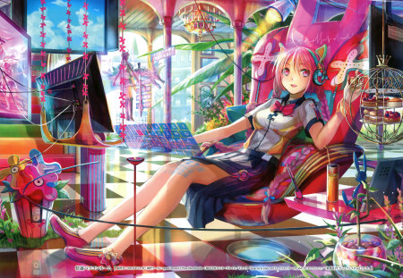 Fiji Choko - beauty, bed, female, colorful, anime girl, online, cool, pin keyes, anime, cute, pink eyes, neko, girl, animal ears, long hair, pink hair, computer, neko girl, cake, beautiful, headphones, braiding, uniform, flowers, keyboard