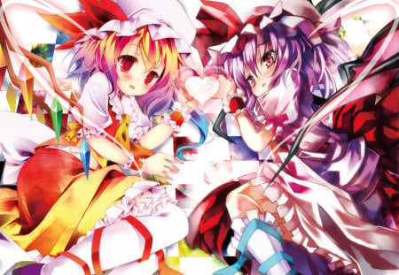 Flandre & Remilia - anime, hats, dress, scarlet, girls, colorful, touhou, wings, ribbon, bow, remilia