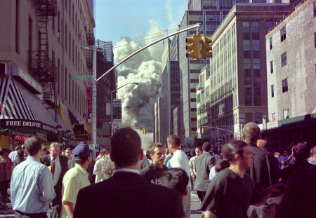 The awe of the collapsed tower - new york, car, building, people