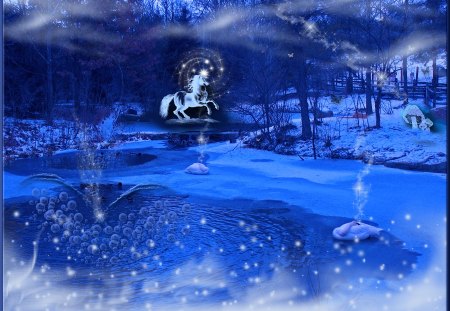 Winter Fantasy - abstract, animals, winter, fantasy, unicorn