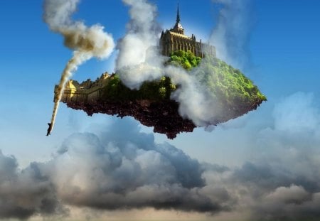 Just Hanging - sky, building, 3d and cg, fantasy, abstract, cloud, clouds, island, skies