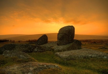 Rock of Ages - rock, hill, evening, combestone, sunset, grass