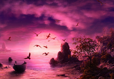 Glorious Purple Sunset - sky, purple, glorious, sunset, sea, boat, rocks, birds