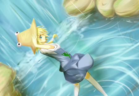 moriya suwako - touhou, hat, game, blue eyes, blond, waterfall, cute, rocks