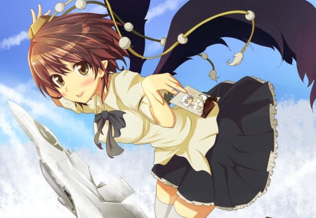 shameimaru Aya - game, smile, touhou, wings, photo, brown eyesm brown hair, sky