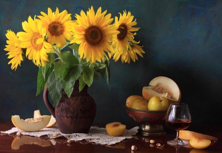 Sunflowers - sunflowers, vine, still life, fruits