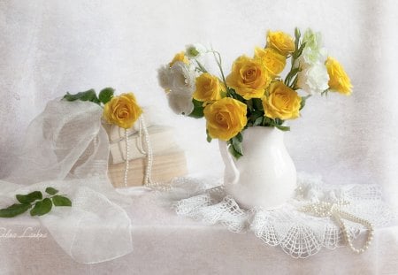 still life - nice, beauty, pearls, roses, photography, delicate, bouquet, rose, book, still life, white, pretty, yellow, cool, lace, kettle, gently, harmony, necklace, scarf, lovely, beautiful, books, photo, elegantly