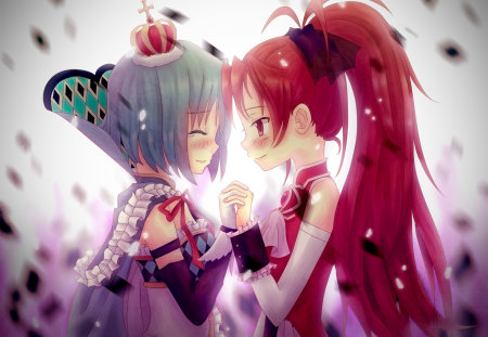 Happy Ending - girls, mahou shoujo madoka magica, sakura kyouko, tears, miki sayaka, crown, kawai, cool, anime, blush, cute, dress