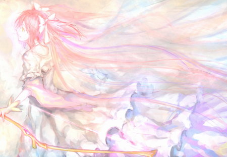 Goddess Madoka - tears, anime, anime girl, dress, girl, goddess madoka, mahou shoujo madoka magica, kaname madoka, wings, weapon, bow, gloves