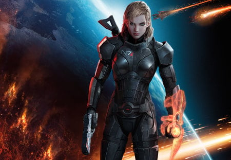 Mass Effect 2 Full HD - soldier, game, gun, war, girl, dark, mass effect, 1080p, fire, full hd, woman, hd, comet, galaxy