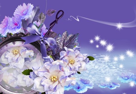 Lavender Dreaming - blue, sparkles, stars, firefox persona, laveandeer, flowers, white, ribbon, bow