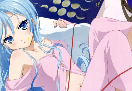 blush - pjs, blush, cute, blue eyes, pillow, girl, blue hair, anim