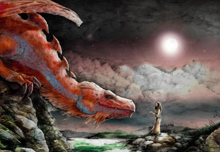 friendly dragon - fantasy, art, dragon, woman