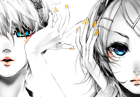 kagamine len & rin - black, headphones, vocaloid, blue eys, twins, white, friends, yellow nails, anim