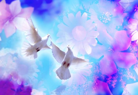 Peaceful Skies - shadows, peace, doves, purple, blue, flowers, firefox persona, lavender, birds