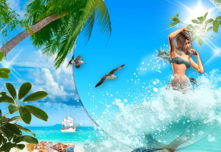 To Sea a Mermaid - water, beach, ship, boat, seashells, island, firefox persona, mermaid, splash, sun, sky