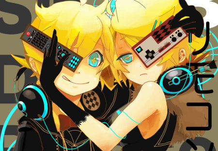 kagamine twins - kagamin len, rin, vocaloid, headphones, big blue eyes, remotes, smile, cute, blonde