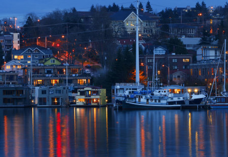 dock at dusk - beauty, boats, photography, wet, water, reflections, evening, city, dusk