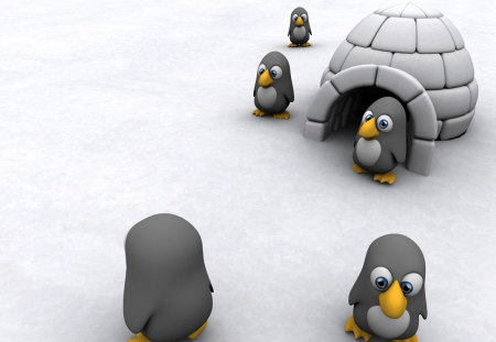 Group of Abstract Penguins - penguins, abstract, igloo, snow, 3d, cute