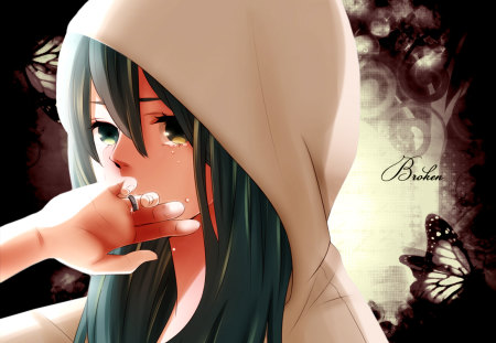 heartbroken - hatsune miku, tears, broken, girl, sad, anime girl, ring, black, sad face, butterfly, green eyes, vocaloid, break, miku, green hair