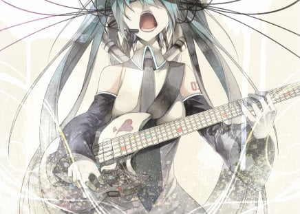 Hatsune Miku - aqua, guitar, headset, rockstar, thighhighs, music, anime girl, white, art, cool, rock, aqua eyes, artistic, hatsune miku, skirt, song, vocaloids, program, vocaloid, beautiful, uniform, diva, beauty, nice, twintail, singer, aqua hair, black, virtual, pretty, idol, anime, miku, cute, girl, cg, hatsune, microphone, blue, headphones, tie, awesome, digital, gray, outfit