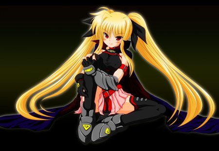 mahou shoujo lyrical nanoha - warrior, yelow hair, dress, long hair, red eyes