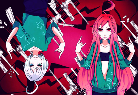 vocaloid - red eyes, green eyes, weapon, pink hair, blush, short hair