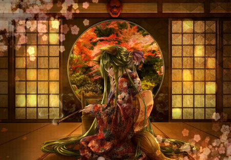 Anime - tagme, long hair, geisha, sakura, anime, japanese lady, original, kimono girl