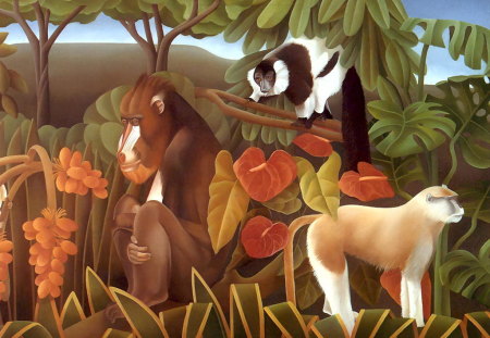 Monkey zoo - monkey, animal, zoo, tree, painting, jungle, art