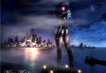 kusanagi motoko - clouds, water, city, night, ghost in the shell, light, short hair, nightfall, hd, purple hair, kusanagi motoko, motoko