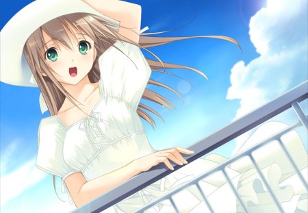 Heo - green eyes, sky, girl, game, anime, lovely, cute, cg