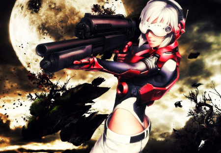 android warrior - woman, gun, anime girl, black, armor, cute girl, android, anime, short hair, glasess, cute, moon, sexy, belt, cannon, headphones, sexy girl, white hair