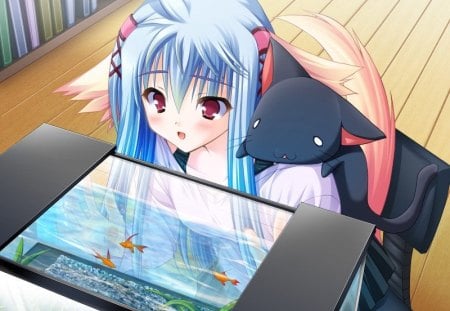 Girl staring at fish - girl, pet, blue hair, red eyes