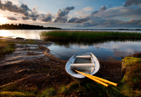 Beautiful Spot - calm, sky, lake, peaceful, beautiful, boat