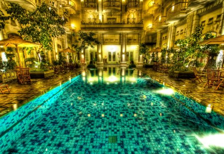 Spectacular Swimming Pool - swimming, blue, pool, lights, spectacular, golden