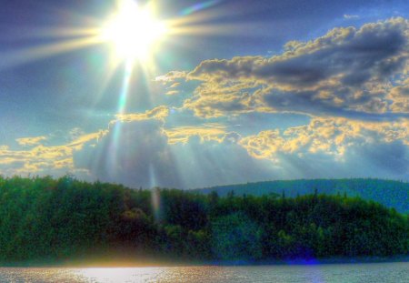 A Beautiful Day - lake, sunshine, sunlight, mountain, trees, popular, day, sun, wallpaper, nature, lakes, colours, clouds, beautiful