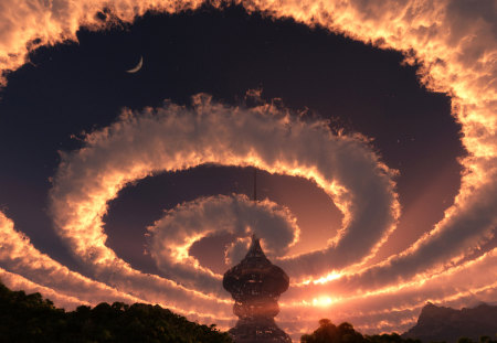 Spiral Clouds - space, forest, evening, stars, tower, sky, spiral, clouds, 3-d, spire, structure, sunset, nature, sun dome