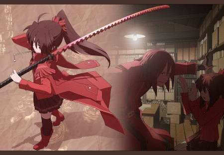 Pixiv Fantasia - sword, cool, katana, anime, pixiv fantasia, anime girl, girl, red hair, ponytail, long hair, masariro, skirt, ribbons, weapon