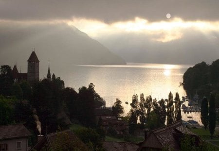 The Shine - houses, lake, clouds, sun