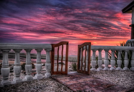 Sunset-HDR - pretty, horizon, beach, pink, home, villa, door, porch, purple, view, hdr, nice, sky, clouds, house, water, beautiful, photography, sea, beauty, colors, lovely, cool, architecture, ocean, nature, sunset