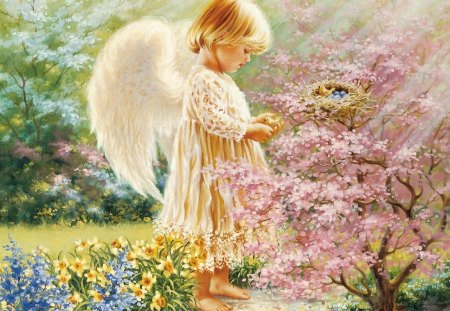 SPRING ANGEL - angel, female, wings, child, spring, eggs, nest, flowers, birds