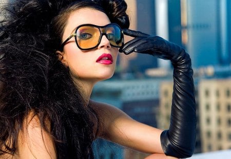 Yellow Shades - brunette, gloves, yellow, shades