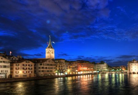 Beautiful Night In Zurich - beauty, sky, peaceful, water, colorful, blue sky, view, reflection, clouds, river, romance, architecture, house, bridge, houses, building, night, buildings, lovely, nature, church, romantic, blue, beautiful, city, splendor, colors, zurich, lights