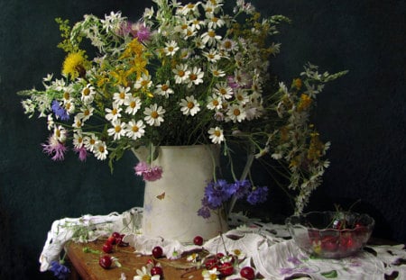 Still Life - pretty, yellow, romantic, cherry, daisy, romance, yellow flowers, flowers, daisies, vase, cherries, white flowers, beautiful, beauty, colors, lovely, still life, petals, colorful, white, nature