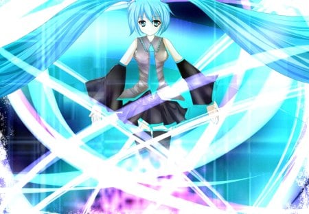 Hatsune Miku - aqua, hot, stage, headset, thighhighs, music, anime girl, stockings, white, art, cool, aqua eyes, artistic, hatsune miku, summon, sexy, skirt, leggings, light, song, vocaloids, program, glow, vocaloid, pink, beautiful, uniform, diva, beauty, nice, twintail, singer, aqua hair, black, virtual, pretty, idol, anime, miku, cute, girl, cg, hatsune, microphone, blue, headphones, tie, awesome, digital, outfit